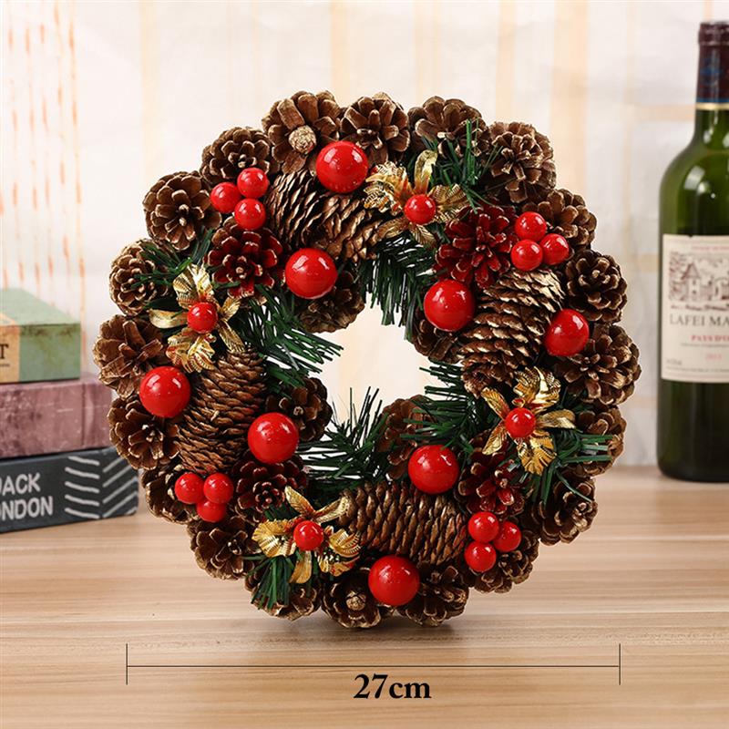 27cm jul krans håndlaget råtnende krans kunstig furu kjegle rød bær festival hengende dør krans jul dekorasjon