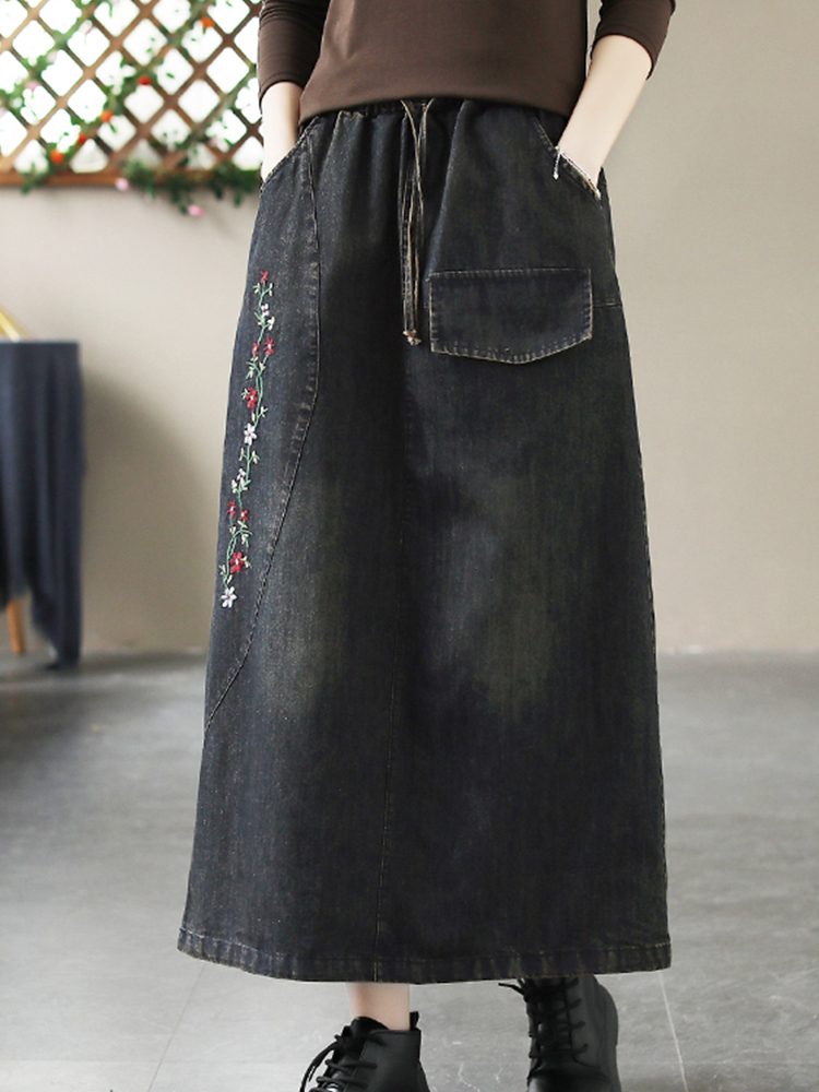 Max lulu forår kinesisk stil denim nederdele dame fritid løst broderi tøj dame klassiske harajuku kjoler: Sort
