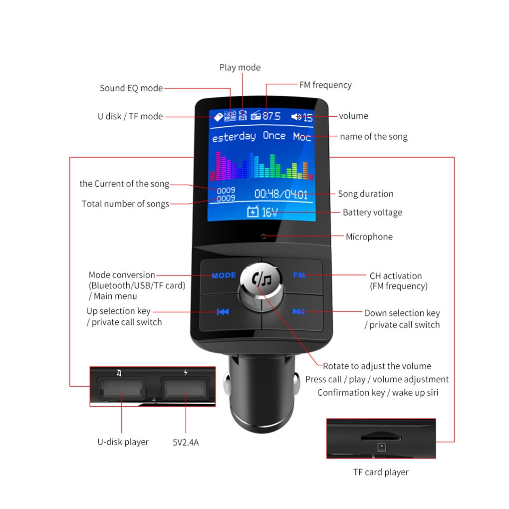 Bluetooth FM Transmitter Aux Charger Wireless Handsfree Adapter Car Kit MP3 Player with USB Ports