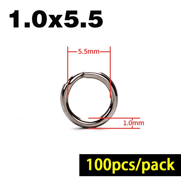 100 st/lot fiskeringar delade ringar i rostfritt stål förstärker solida ringdrag anslutande ringfisketillbehör: 1.0 mmx 5.5mm