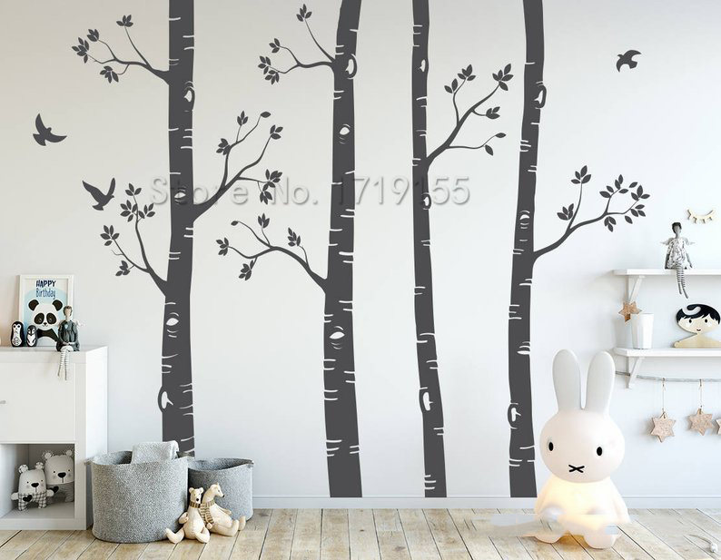 Nursery Wall Stickers Birch Trees Wall Decals Large Tree Wall Mural Set Of 4 Trees Birds Nursery Baby Room Wall Decoration ZW489
