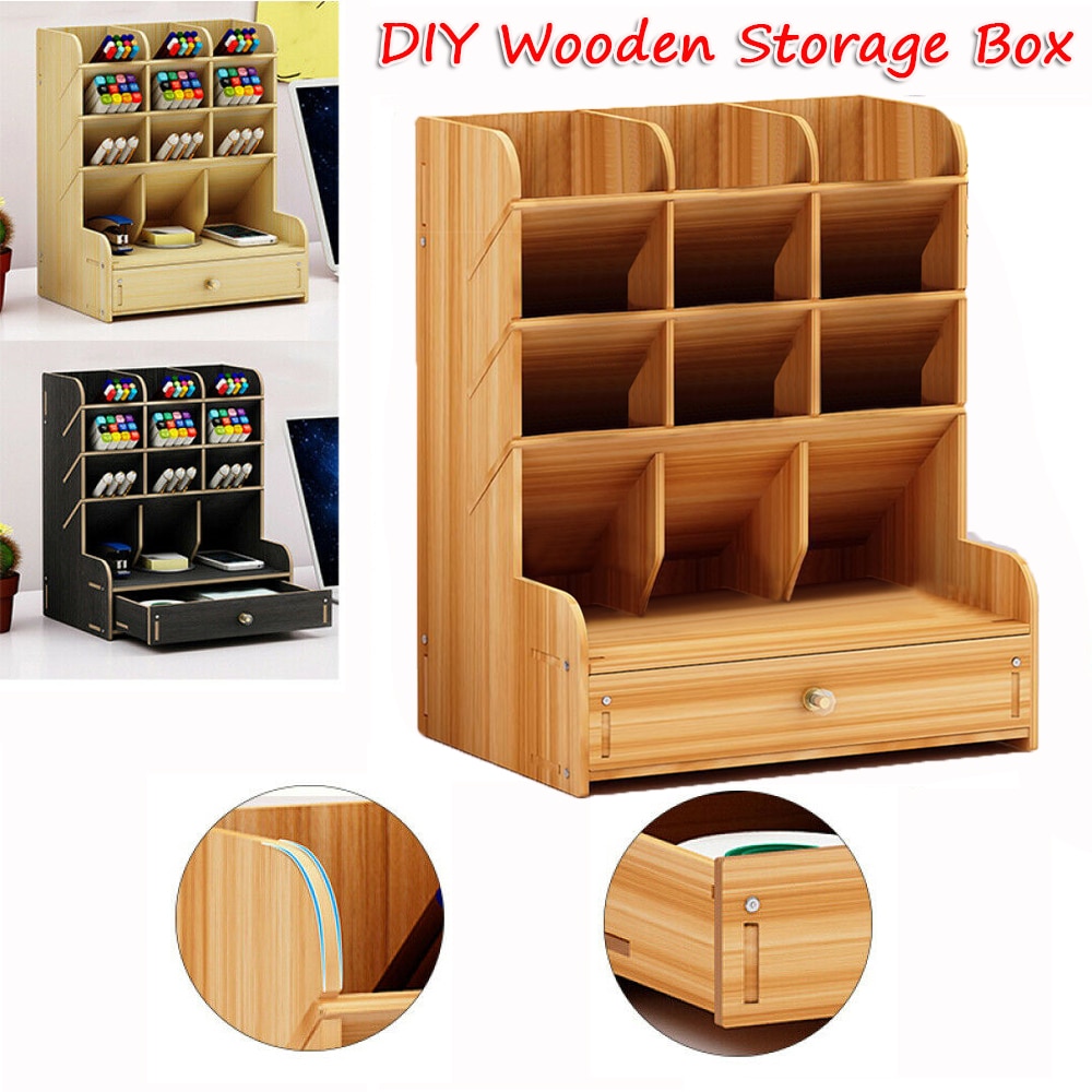 Multi-Functional DIY Wooden Desk Organizer Office School Pen Pencil Holder Container Stationary Desktop Storage Box with Drawer