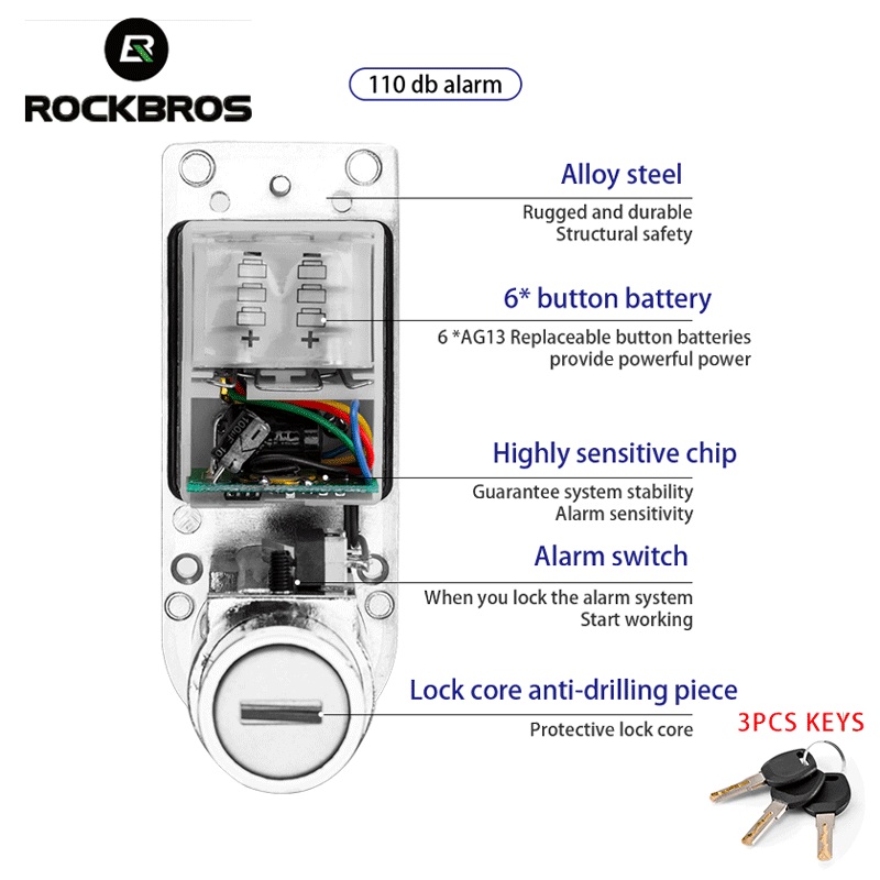Rockbros 110db vanntett sykkel sykkellås alarm tyverisikring legert stål 6mm elektrisk motorsykkel alarm scooter hjelm kabellås