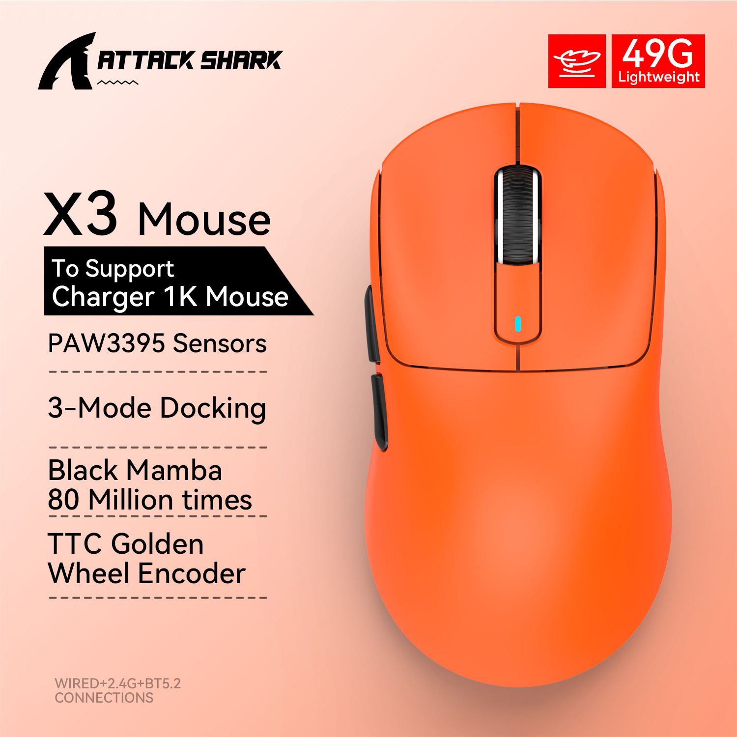 Attack shark  x3/x3 pro langaton pelihiiri, paw 3395 26k dpi, kolmitilayhteys, kevyt, sopii windowsille/macille/kannettavalle tietokoneelle: Oranssi