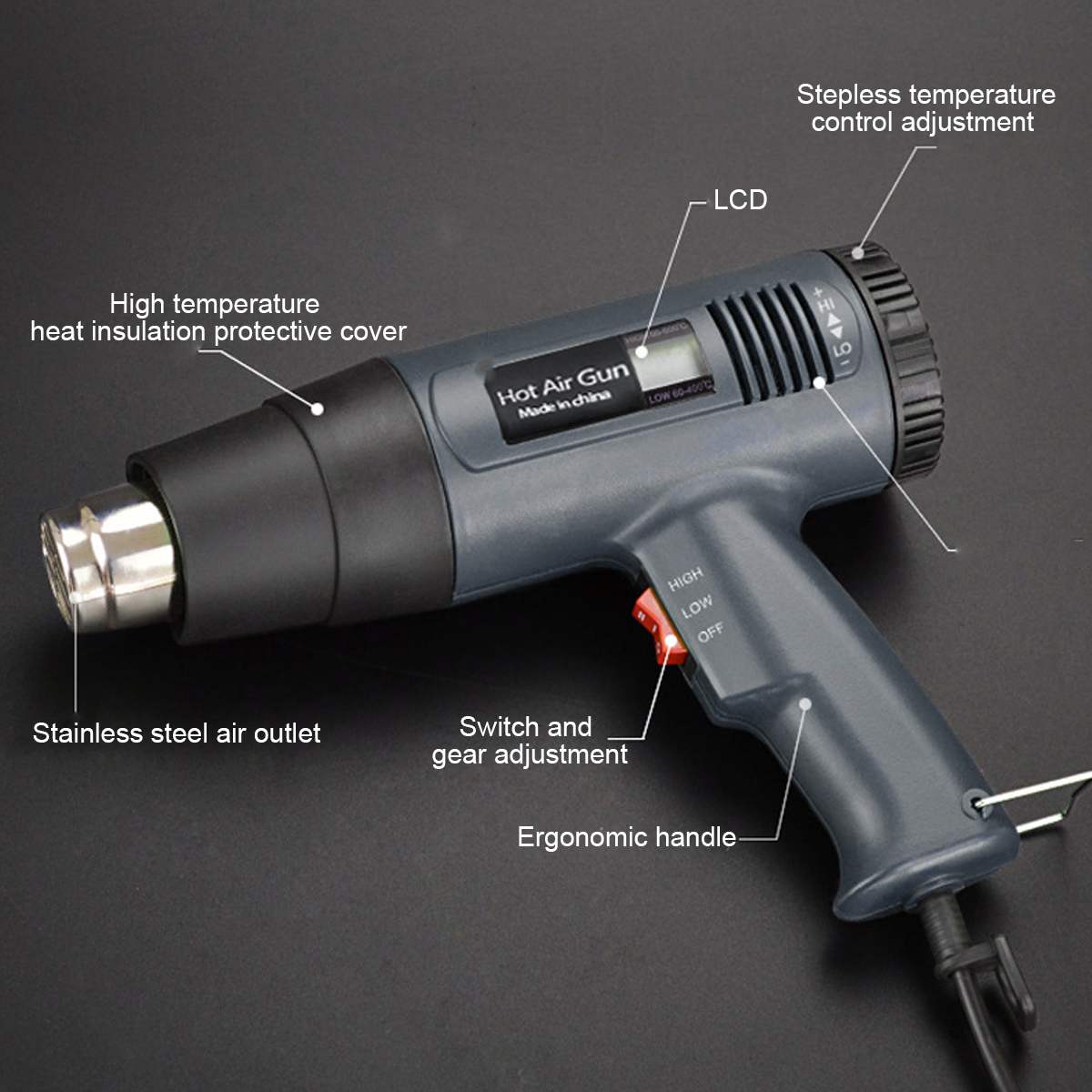220V 2000W Lcd-scherm Verwarming Machine Warmte Heteluchtpistool Dual Temperatuur 2 Speed Control Building Temperatuur Warmte gun W/2Nozzles