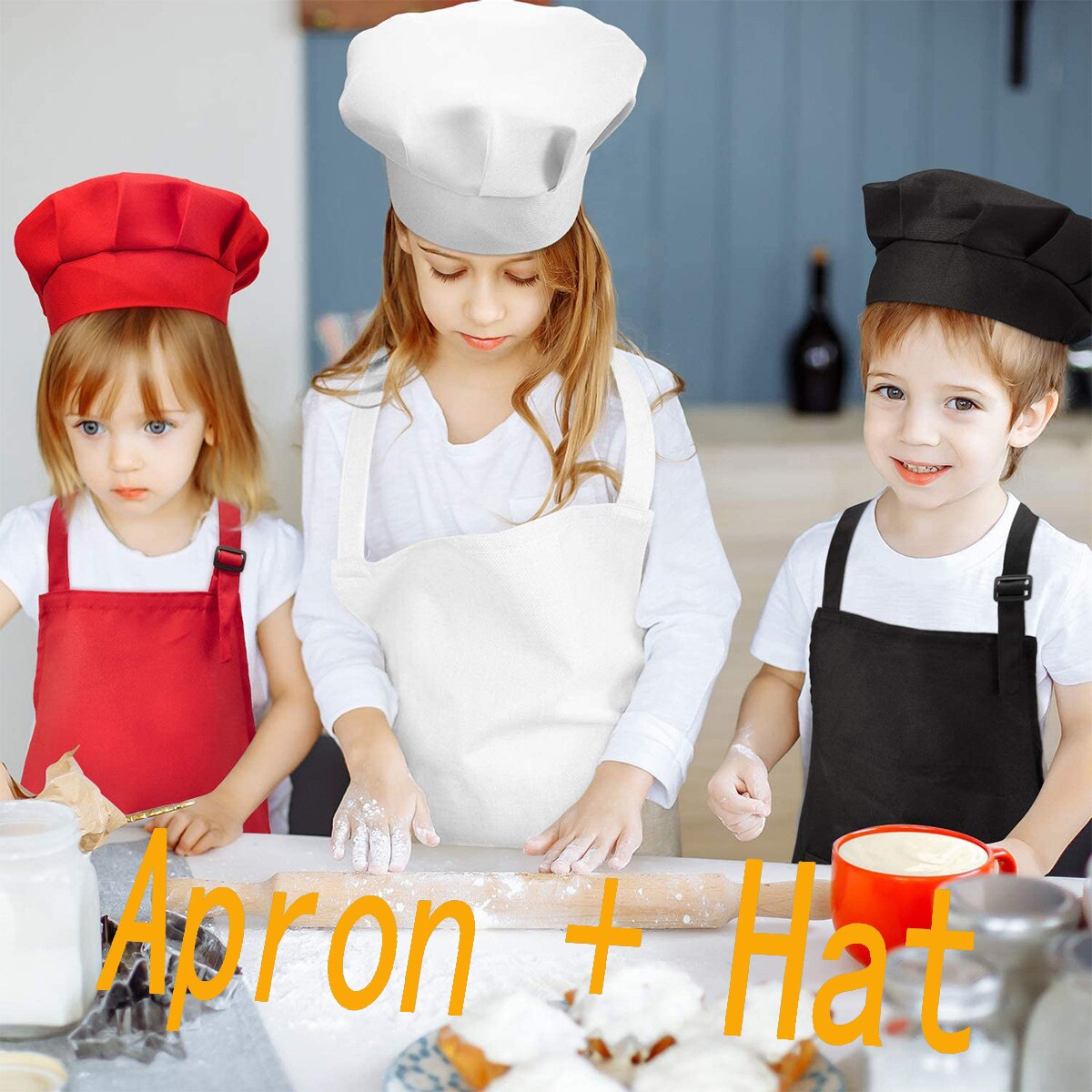 Kind Craft Keuken Schort En Hoed Set Effen Kleur Voorvak Bib + Elastische Band Koken Cap Voor Kinderen Mode