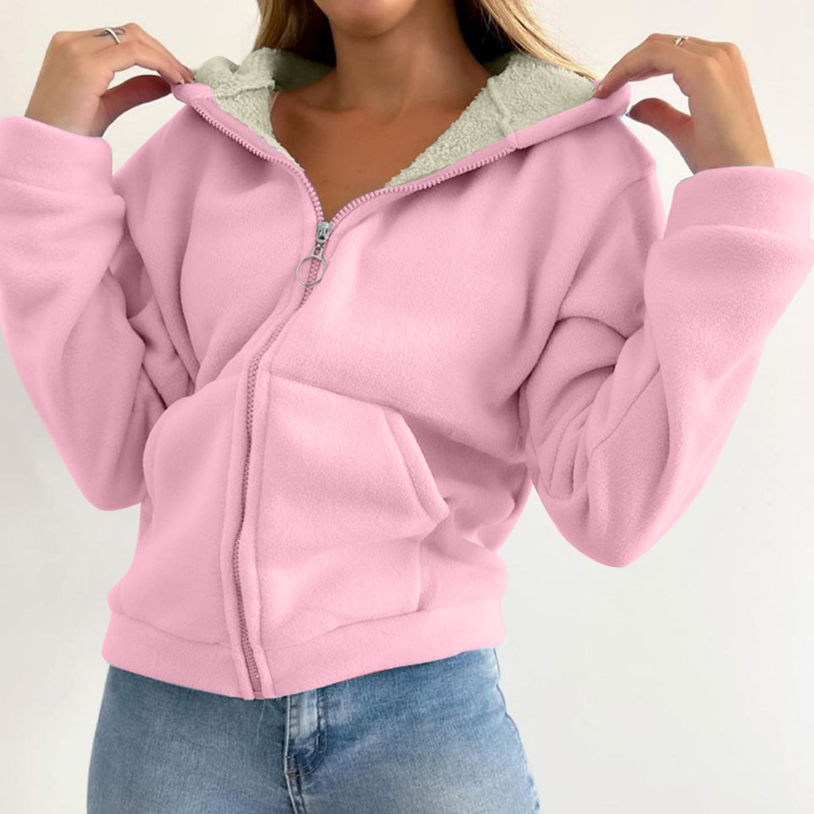 Trendy Sweatshirt Coat Front Pockets Warm Zipper Lamb Wool Jacket Men And Woman Winter Solid Color Plush Lined Cardigan Hoodie: XXL / Pink