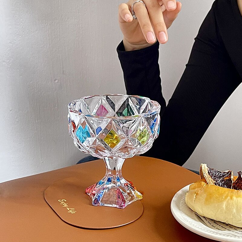 Regenboog Glans Geschilderd Dessert Cup Gevoel Glas Hoge Voet Snack Kom Kleur Glas Leuke Glas Cup