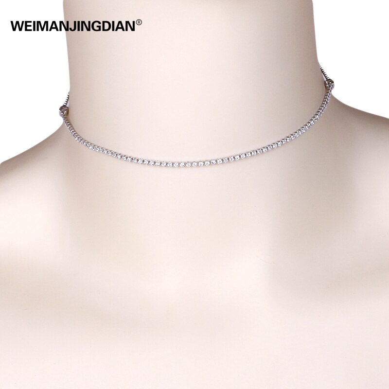 Exquisite Round Cubic Zirconia Choker Necklace Adjustable in White Gold or Yellow Gold Colors: silver color