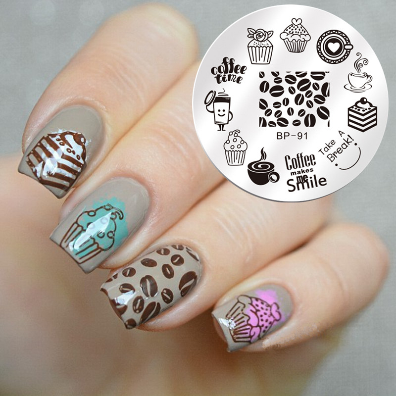 Geboren Mooie Ronde Nail Art Stamp Template Koffie Tijd Leuke Afbeelding Afdrukken Nail Stempelen Plaat Voor Nail Art