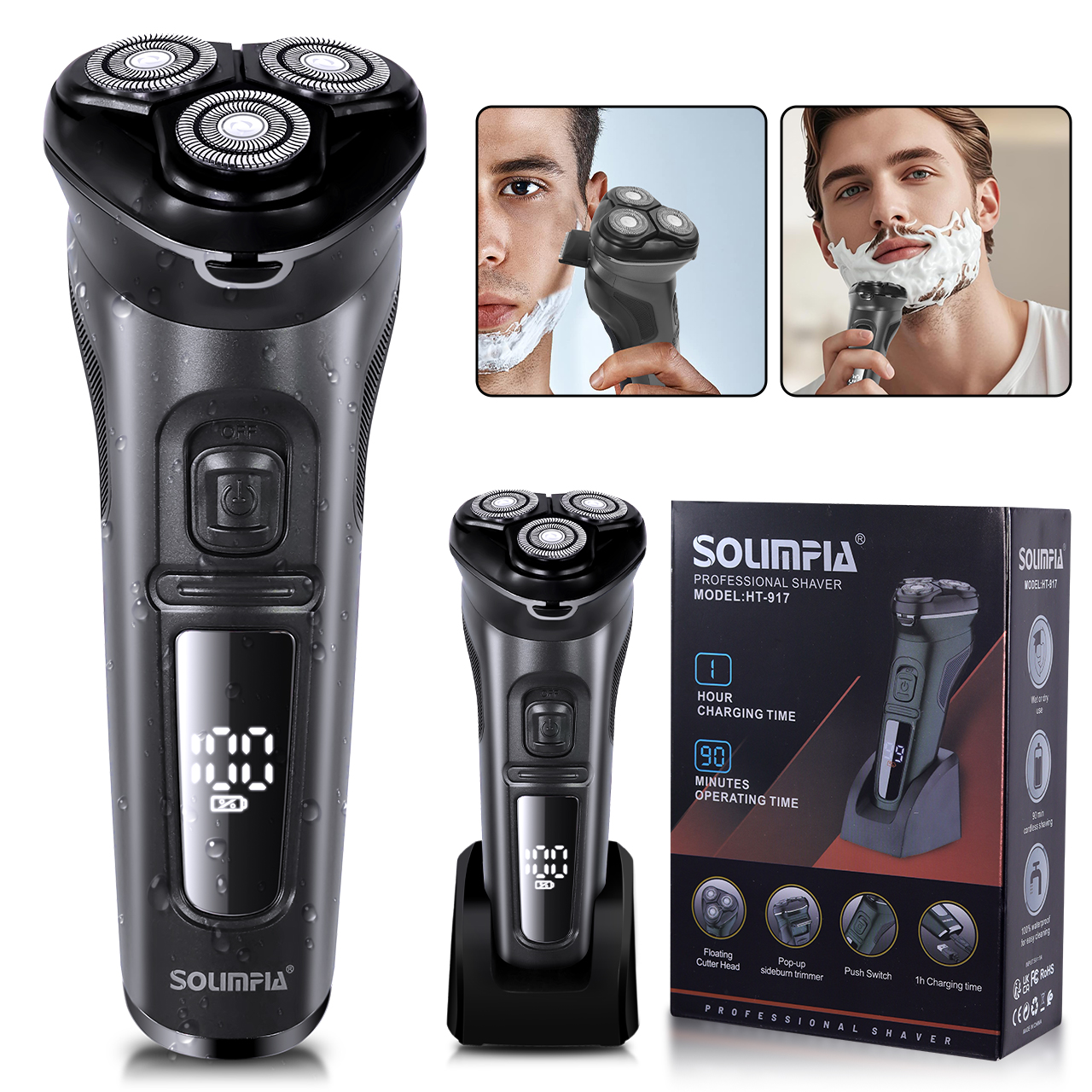 Solimpia-Afeitadora eléctrica resistente al agua con pantalla LCD para hombres, afeitadora Facial con cuello seco y húmedo, recargable por USB: Plata
