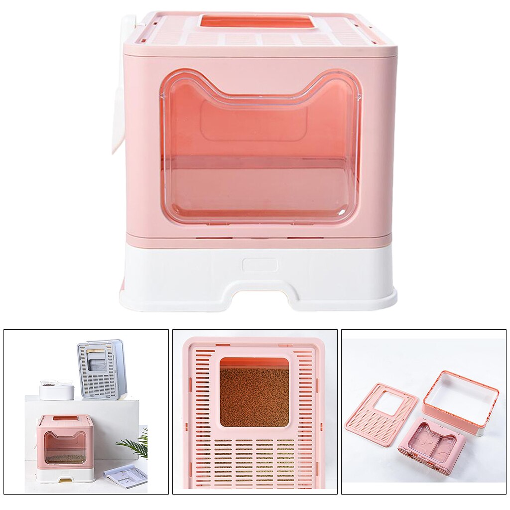 Portable Cat Litter Box with Lid Large Foldable Cats Litter Tray with Top Entry Pet Toilet with Scoop for Travel Car: Pink