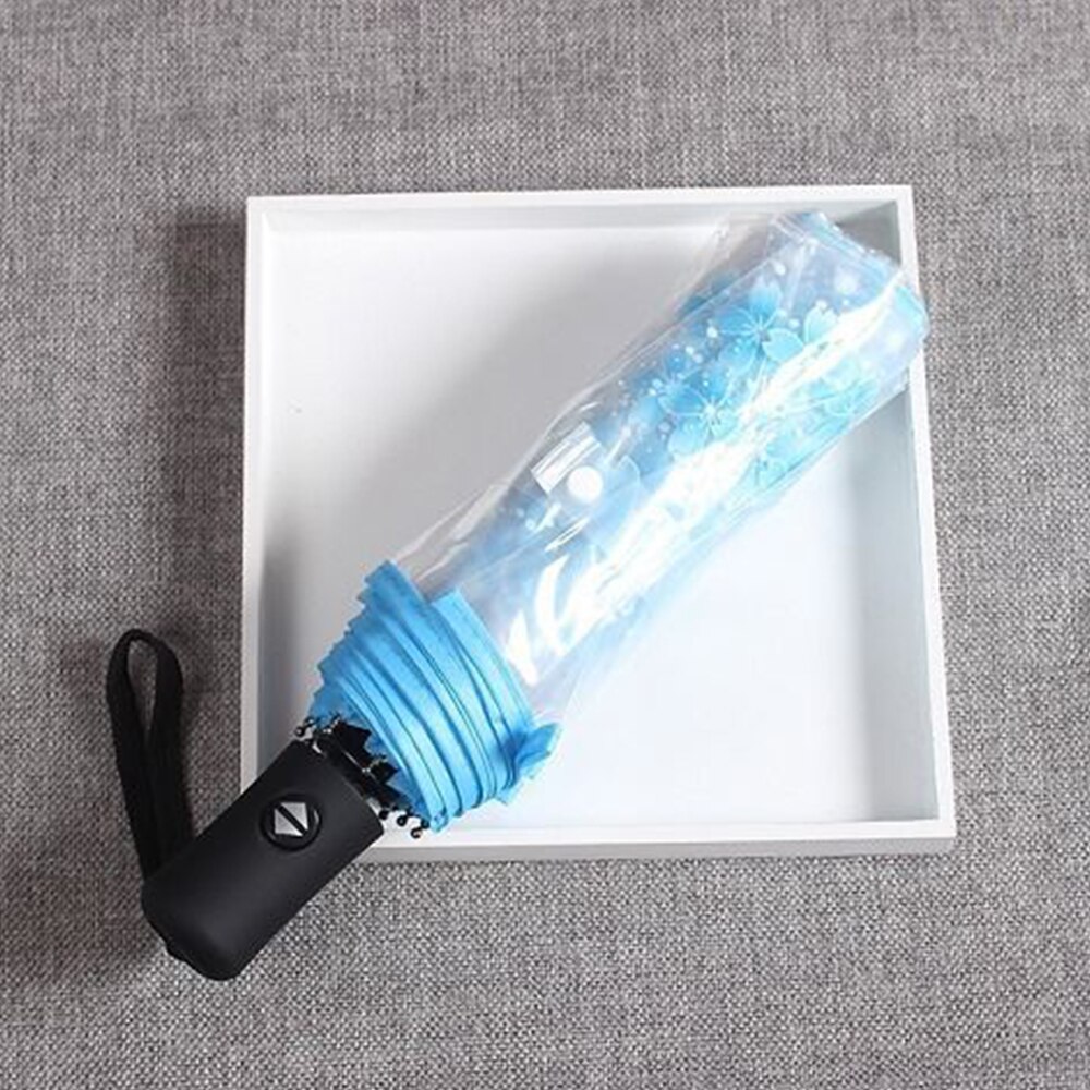 Paraguas transparente automático de lluvia para mujer, paraguas femenino de 3 etapas con 8 costillas, rosa, Morado, azul y verde, con imagen: Automatic Blue