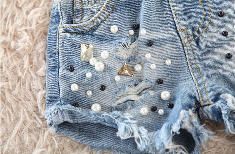 Baby girls jeansshorts pärlhål jeans byxor mjuka sommar barn jeans shorts barnkläder