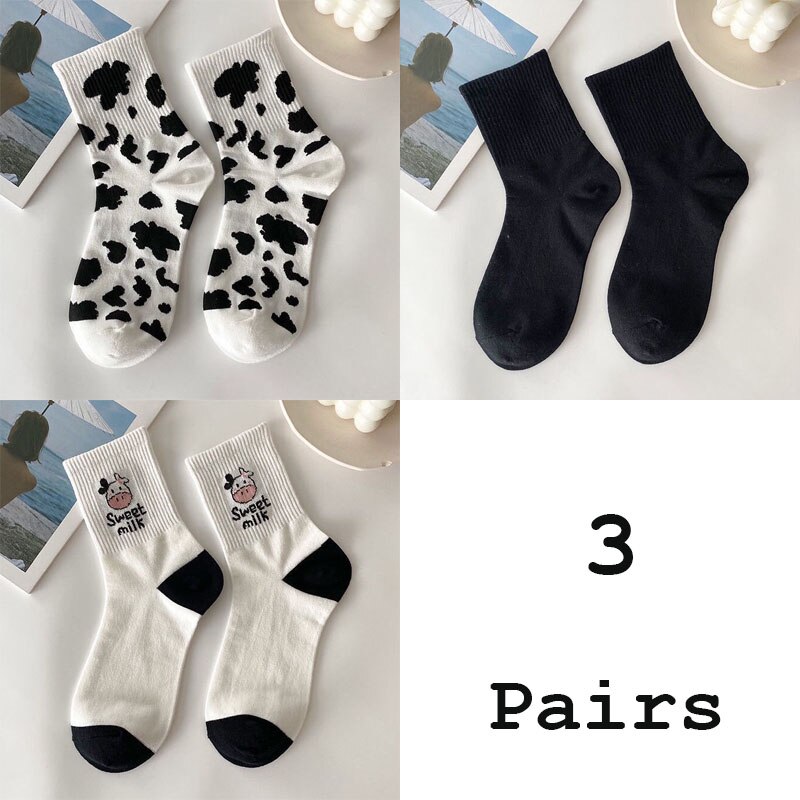 3 Pairs Socks Set Women's Socks Cow Print Ins Black And White Lovely Versatile Socks Stripes: sky blue