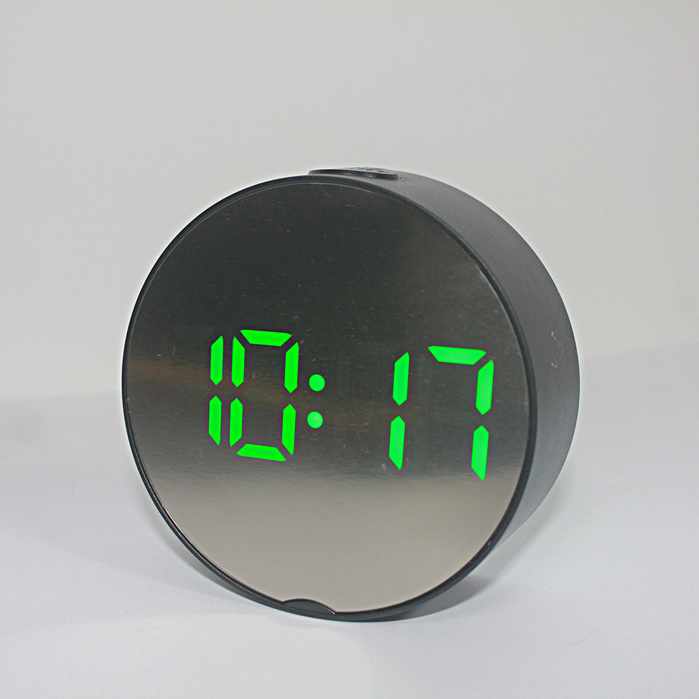 Rundt ledet spejl vækkeur digitalt bordur natlys snooze med temperatur elektronisk despertador hjemindretningsur: F