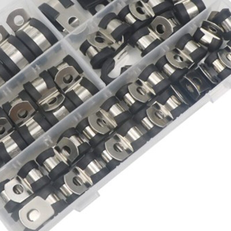 Kabelklem 304 roestvrijstalen rubberen kussenbuisklemmen assortiment met 5 maten metalen kabelklemset ( (55 stuks)