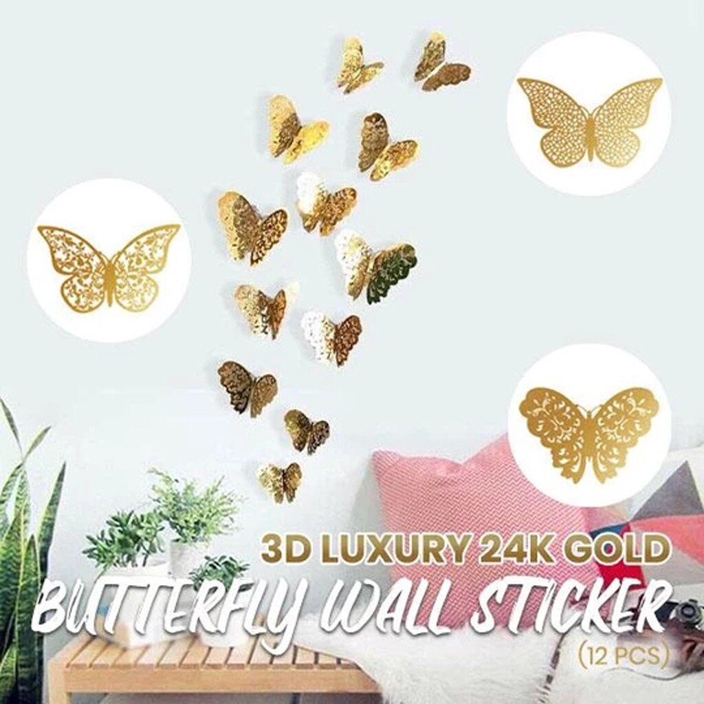 3D Luxe 24K Gouden Vlinder Muursticker Metal Hollow 3D Vlinder (12 Stuks) mode Decoratie Creëren Een Sfeer #1
