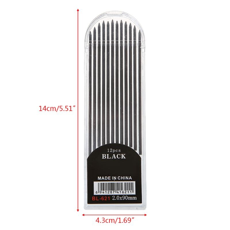 12Pcs 2.0 mm Mechanical Pencil Black 2B Lead Refills Draft Drawing Writing Crafting Art Sketching School Stationery Office