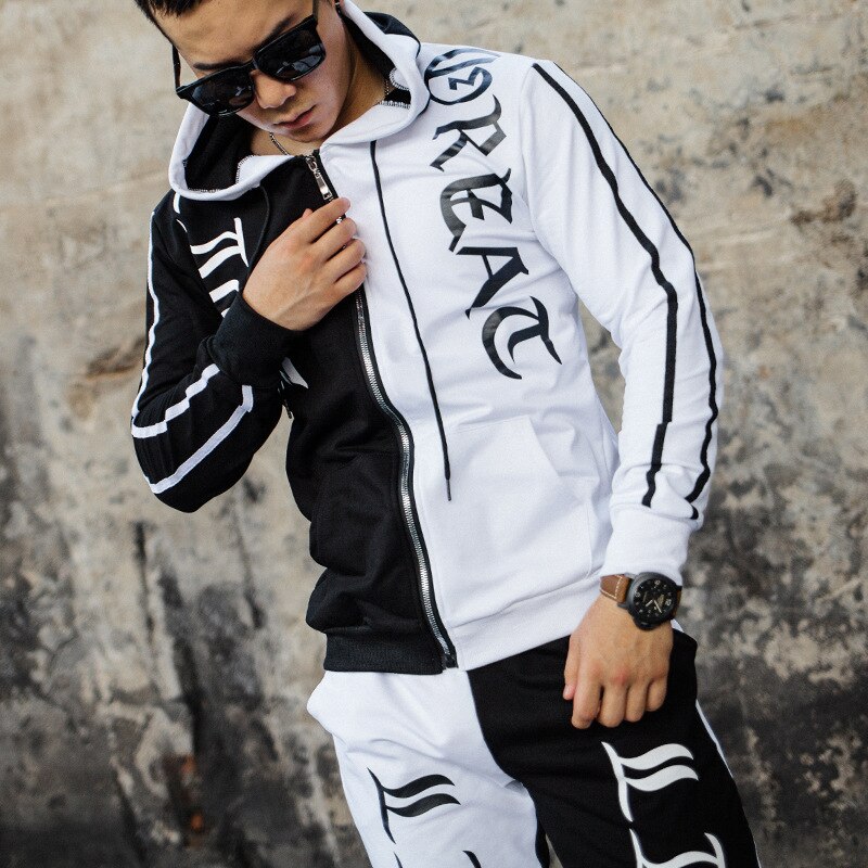 Trajes deportivos para hombre, Fitness, chaqueta de aspecto delgado, pantalones de , estilo callejero, entrenamiento de ocio, estampado, abrigo Casual, entrenamiento de gimnasio: L / black white jacket
