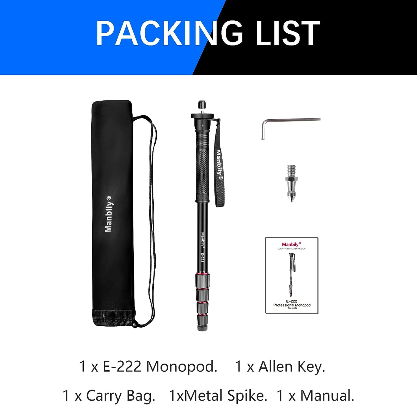 Manbily E-222 65" Camera Travel Monopod 5 Sections Aluminum Monopod for DSLR Cameras Portable Lightweight Walking Trekking Stick: Default Title