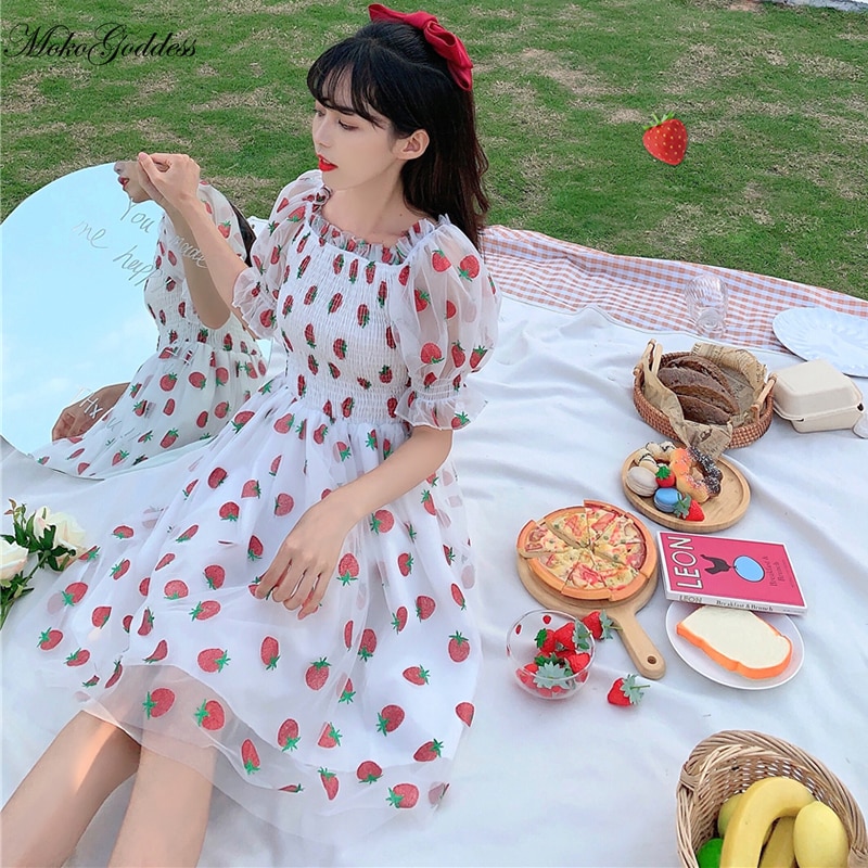 Kjol kvinnlig sommar japansk söt mottagare smal puffärm jordgubbsklänning söt lolita fairy kei gotisk klänning