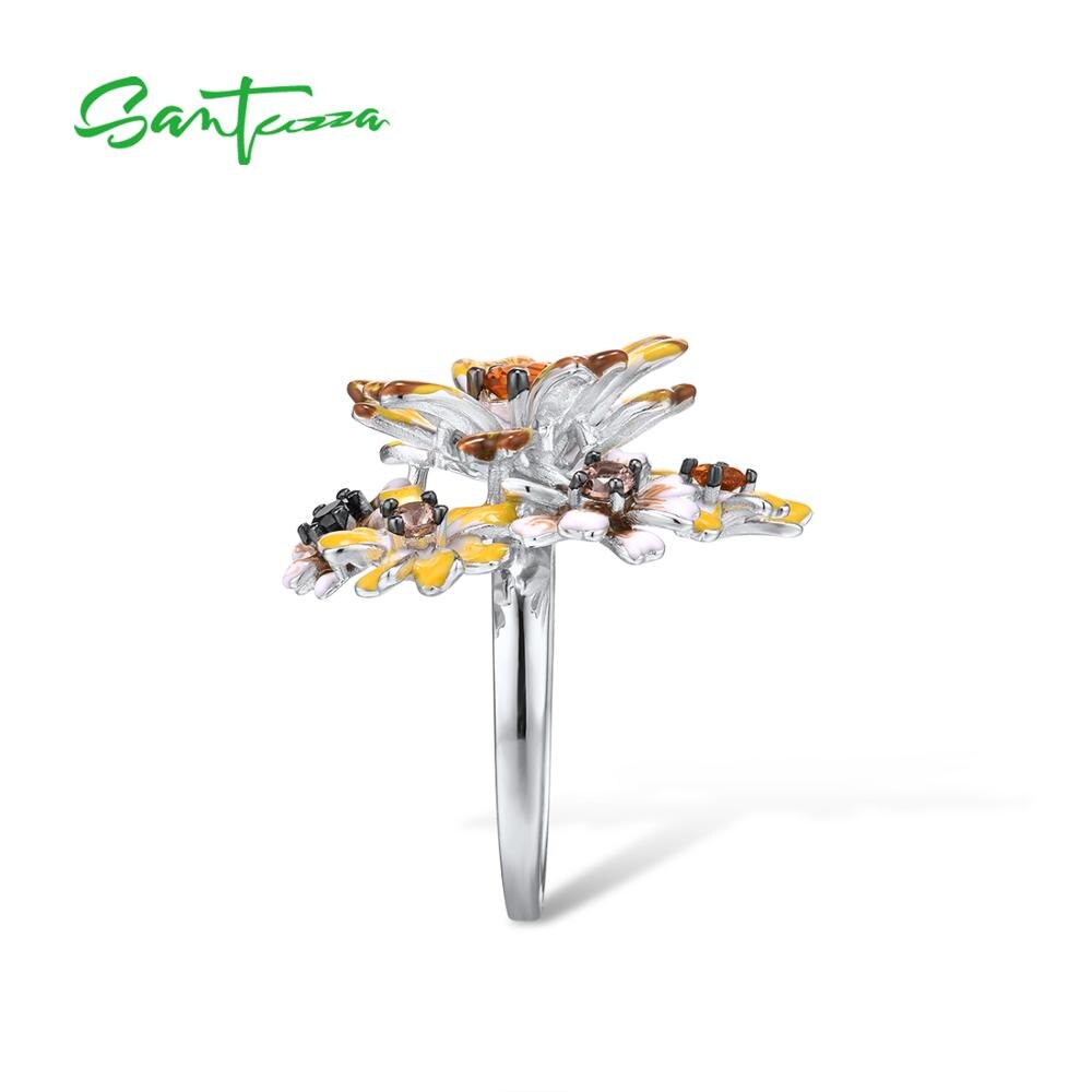 SANTUZZA Silver Rings For Women Genuine 925 Sterling Silver Handmade Enamel Yellow Flowers Trendy Party Fine Jewelry