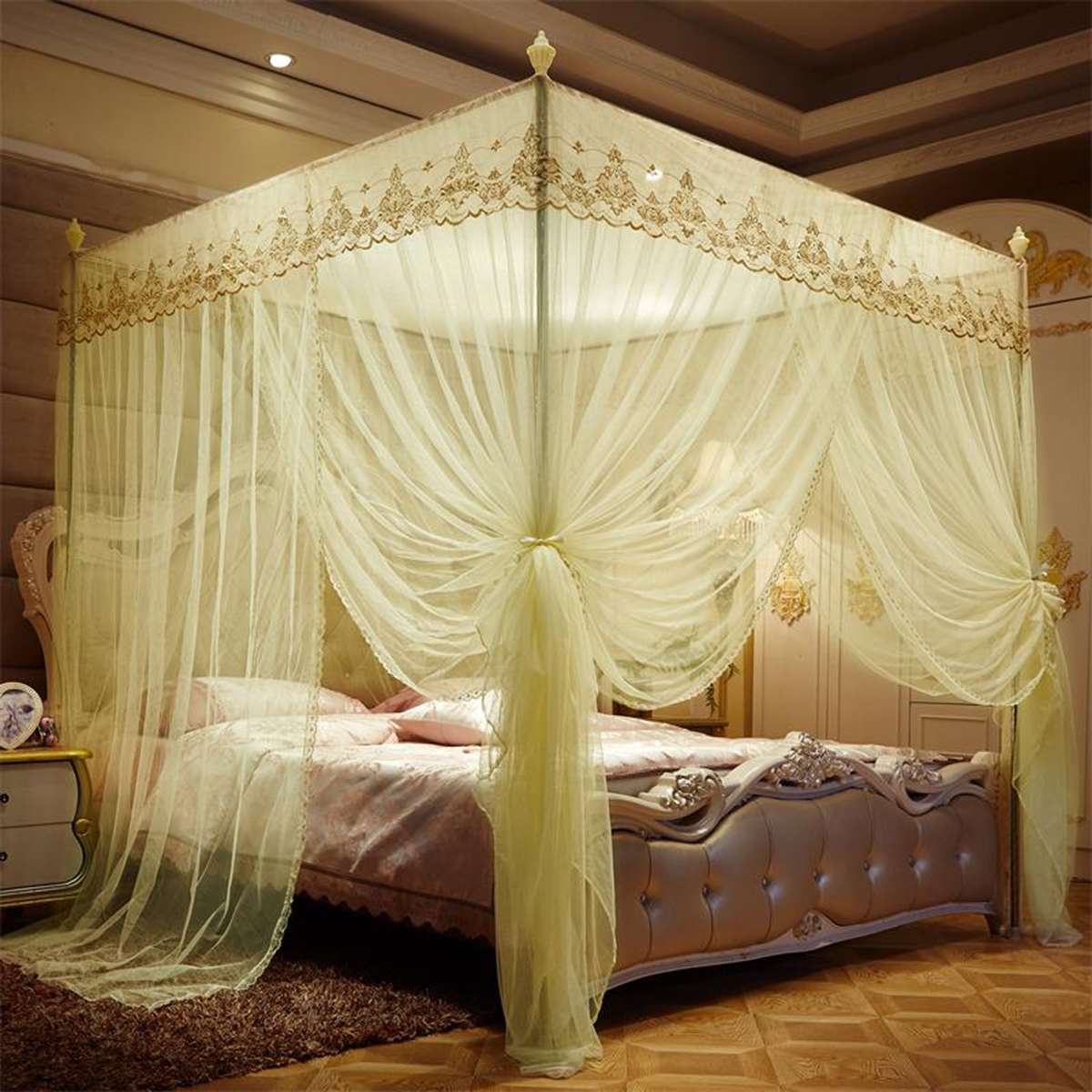 Mosquito Net Pink Purple For Double Four Corner Bed Post Bed Canopy Mosquito Net Full Queen King Size Bedding: Light Yellow