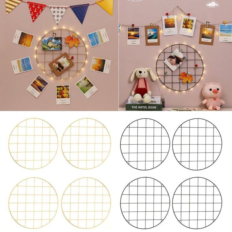 4pcs Round Mesh Grid Wall Photo Postcards Display Organizer DIY Pictures Frame M68E