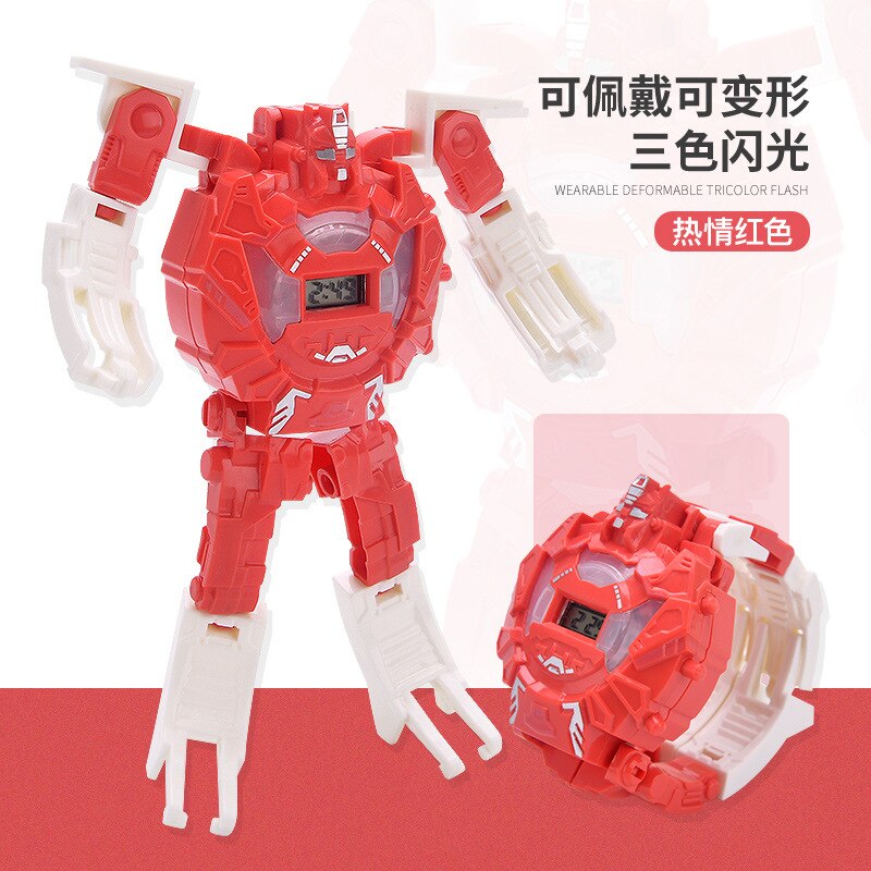 Children Transformation Electronic Watch Jingang Toy Dinosaur Turning Robot Iron and Steel Shining Transformation Watch: Shining Robot Watch Red