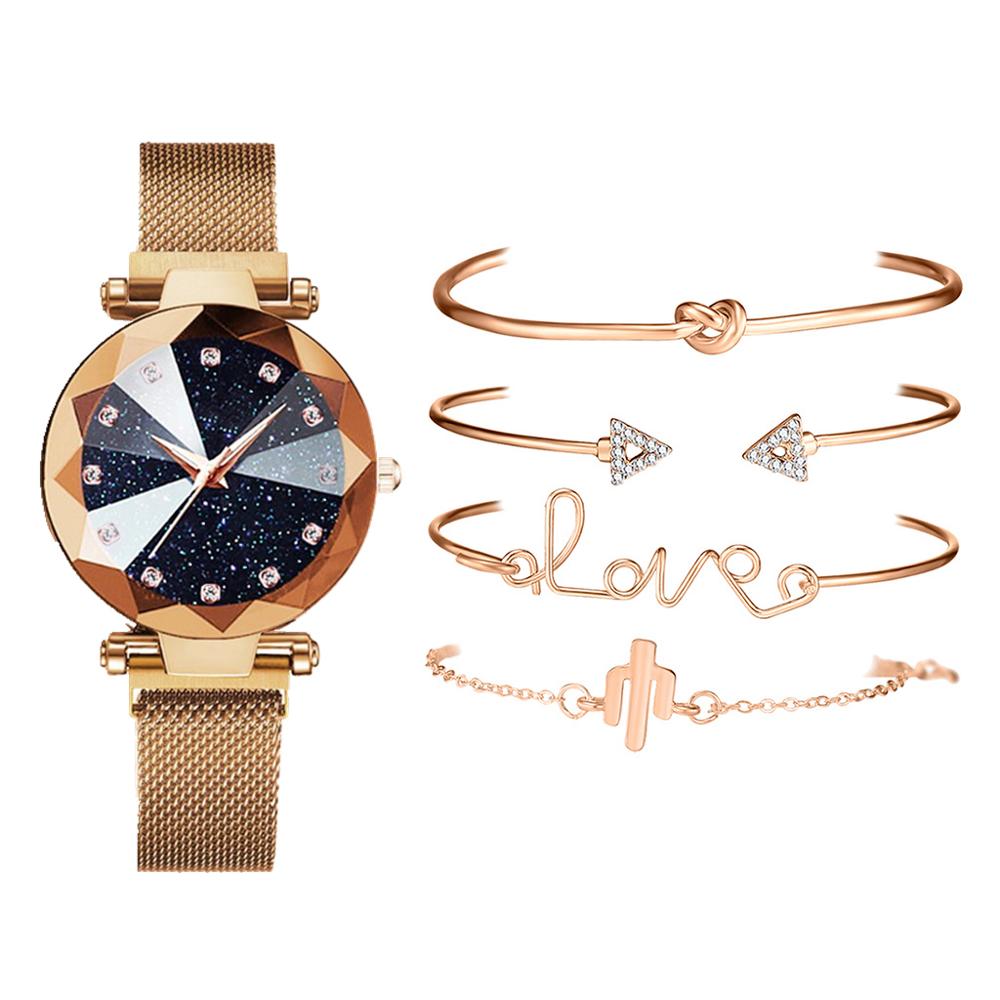Set de 5 uds de relojes de pulsera de lujo para mujer con de cielo estrellado y rosa dorado con imán y hebilla, reloj de pulsera de , reloj sencillo para mujer: Rose Gold