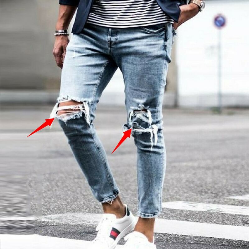 Skinny jeans herre rip slim fit stretch denim distress flossede biker jeans bukser os