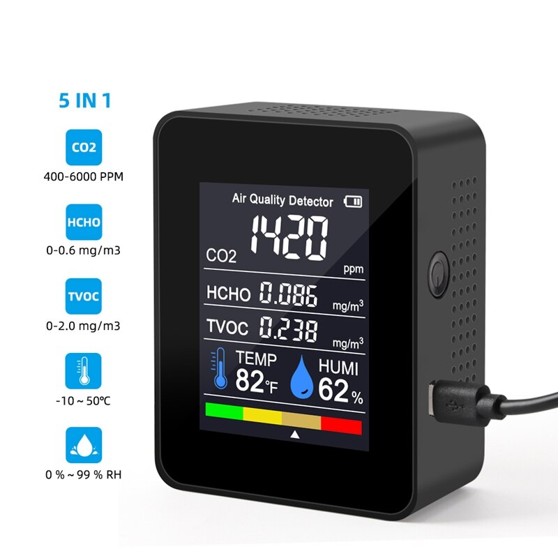 5 In 1 CO2 Meter Digital Temperature Humidity Sensor Tester Air Monitor Carbon Dioxide TVOC HCHO Detector
