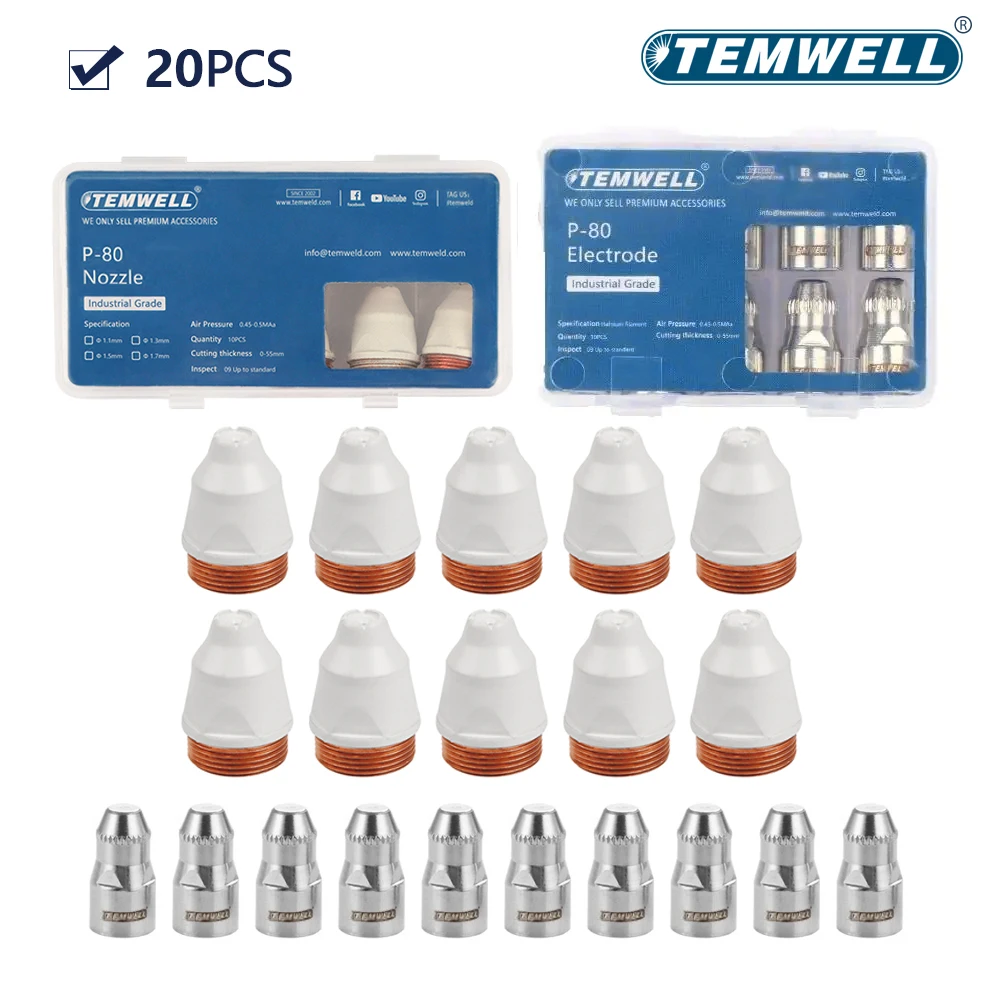 TEMWELL 20PC Coated Plasma P80 Cutting Nozzle 1.1/1.3/1.5/1.7mm Electrode Plasma Cutting Torch 60A 80A CNC Torch Welding Tip: 1.7mm