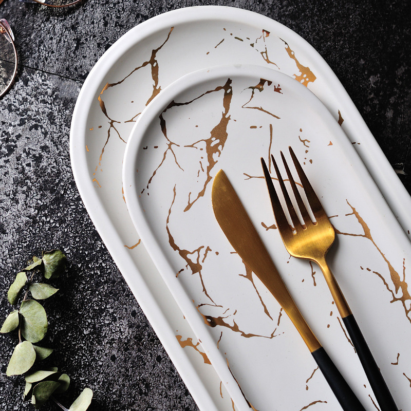 Nordic Style Ceramic Marbled Black Gold Oval Rectangular Plate Simple Beautiful Western Dinner Plate Kitchen Sushi Snack Trays