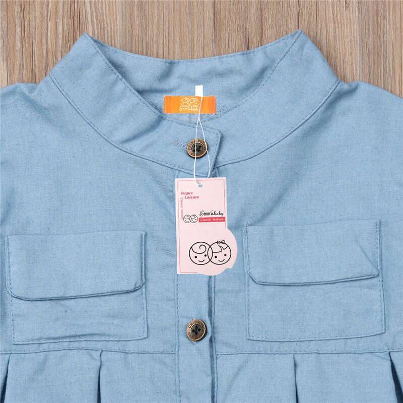 Stylish Girls Blouse Kids Autumn Solid Blue Long Sleeve Ruffles Button Denim Shirt Princess Children Girl Top 3-12T