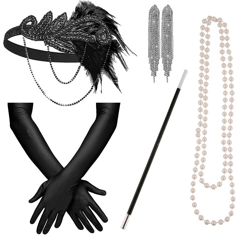 PESENAR 1920s Great Gatsby Accessories for Women Flapper Headpiece Headband Gloves Costume Harlem Nights Accessories Set