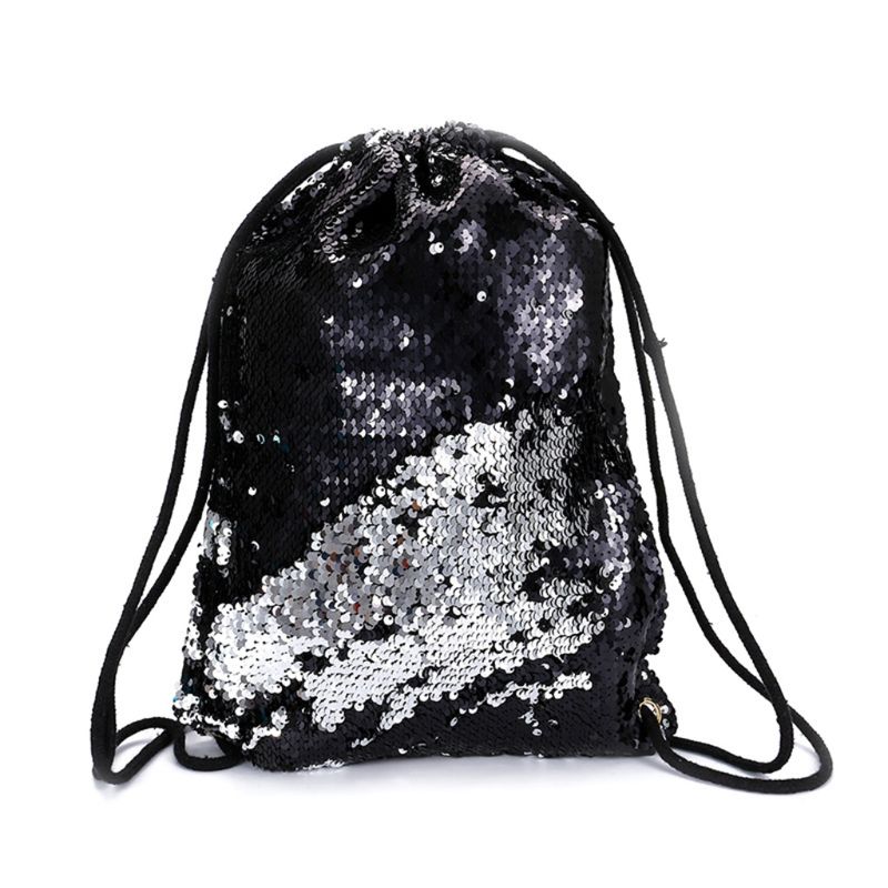 Vändbar paljett dragsko ryggsäck glitter cinch pack väskor flip paljetter lysande sport ryggsäck för barn vuxna  e5bc: Bk