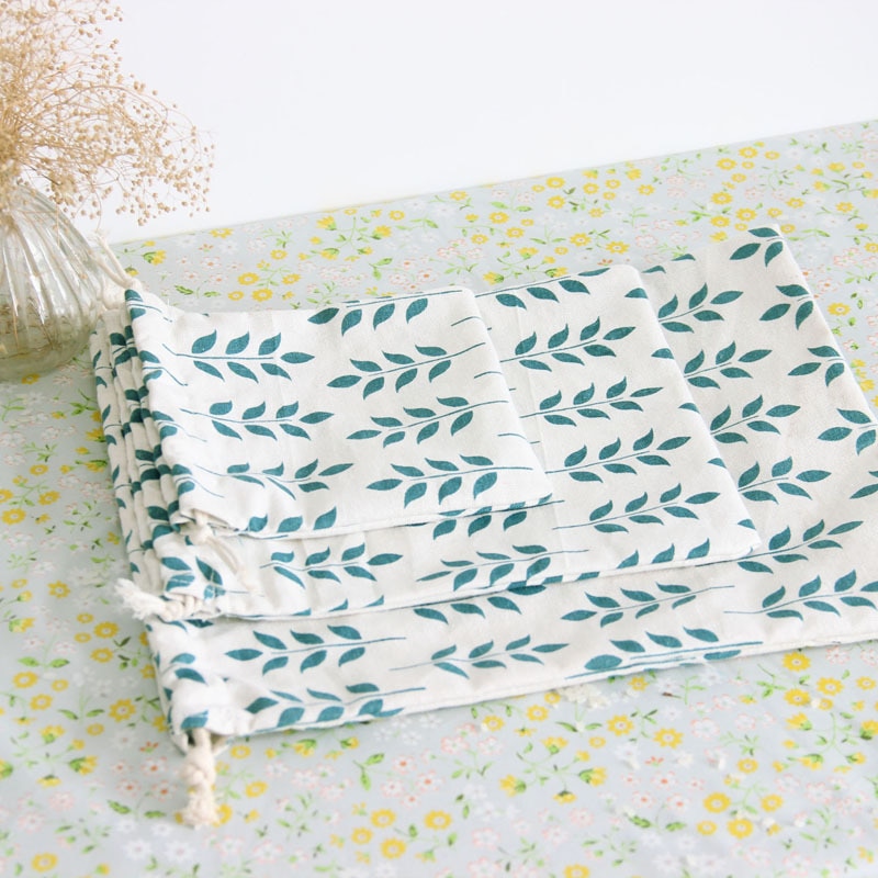 Soft Cotton Linen Drawstring Bag Literary Wheat Ear Print Leaves Women Home Storage Small Coin Purse Travel Portable Phone Pouch