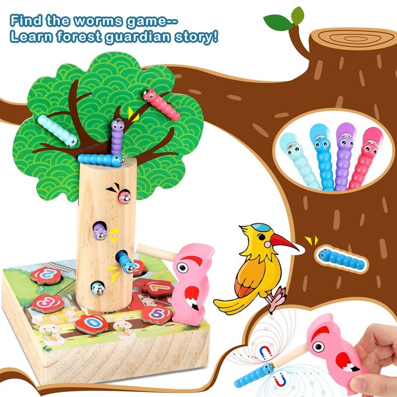 3 in 1 Wooden Learning Game Set Carrots Harvest Shape Sorting Game with Apple Woodpecker Magnetic Toy Magnetic Toy