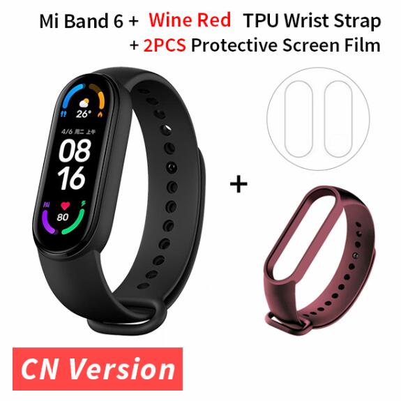 Original Xiaomi Mi banda 6 de oxígeno en la sangre de 1,56 ”AMOLED rastreador de ejercicios Monitor del ritmo cardíaco de la 5 Color inteligente pulsera Miband gota de 6: winered strap film