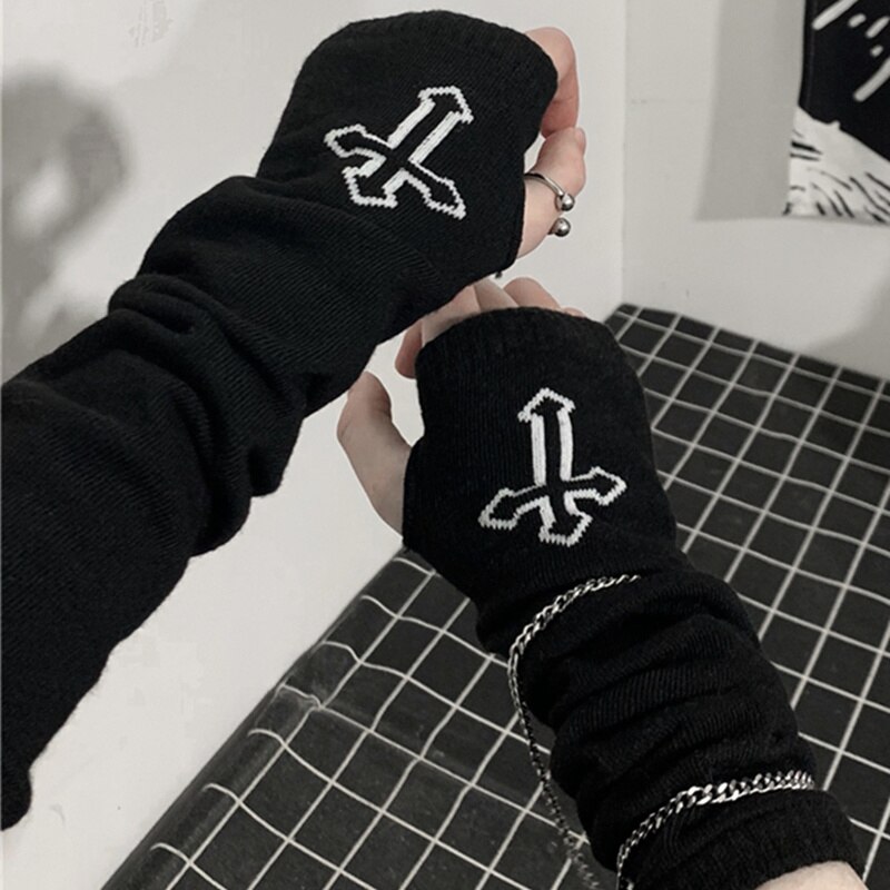 Streetwear Aesthetic Cross Printed Arm Warmers Grunge Emo Alt Mall Goth Women Oversleeve Harjuku Half Finger Glove Sleeve Unisex