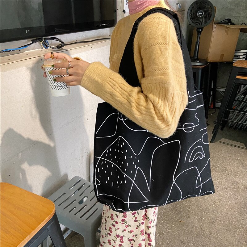 Koreanische einfache illustrationen, große schultertasche für damen, einkaufstasche aus umweltfreundlichem Segeltuch, baumwollstoff, große einkaufstasche für reisen