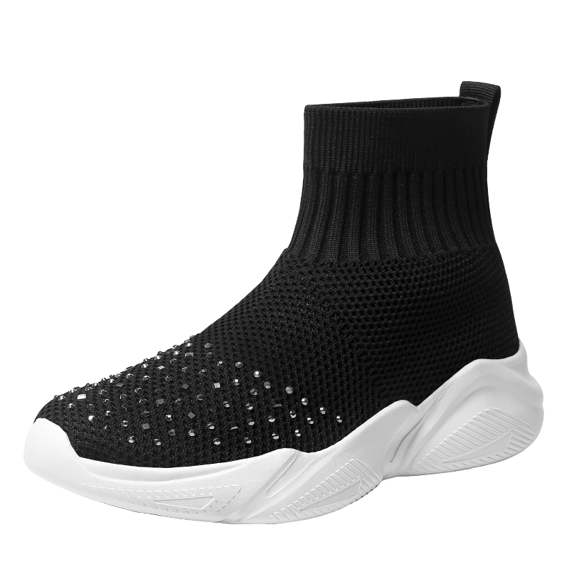 Vrouw Platform Schoenen Mode Sneakers Zachte Hak Vrouw Casual Schoenen High-Top Gebreide Vrouw Leisure Enkelsok Stof Mesh flats: Black-white / 7.5