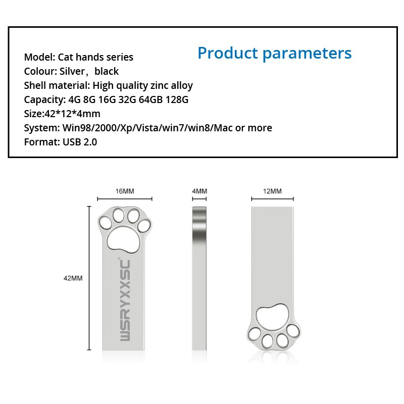 Wsryxxsc Kat Paw Vorm Usb Flash Drive Waterdicht Flash Drive 64Gb 32Gb 16Gb 8Gb 4Gb hoge Snelheid Usb Flash Met Gratis Adapter