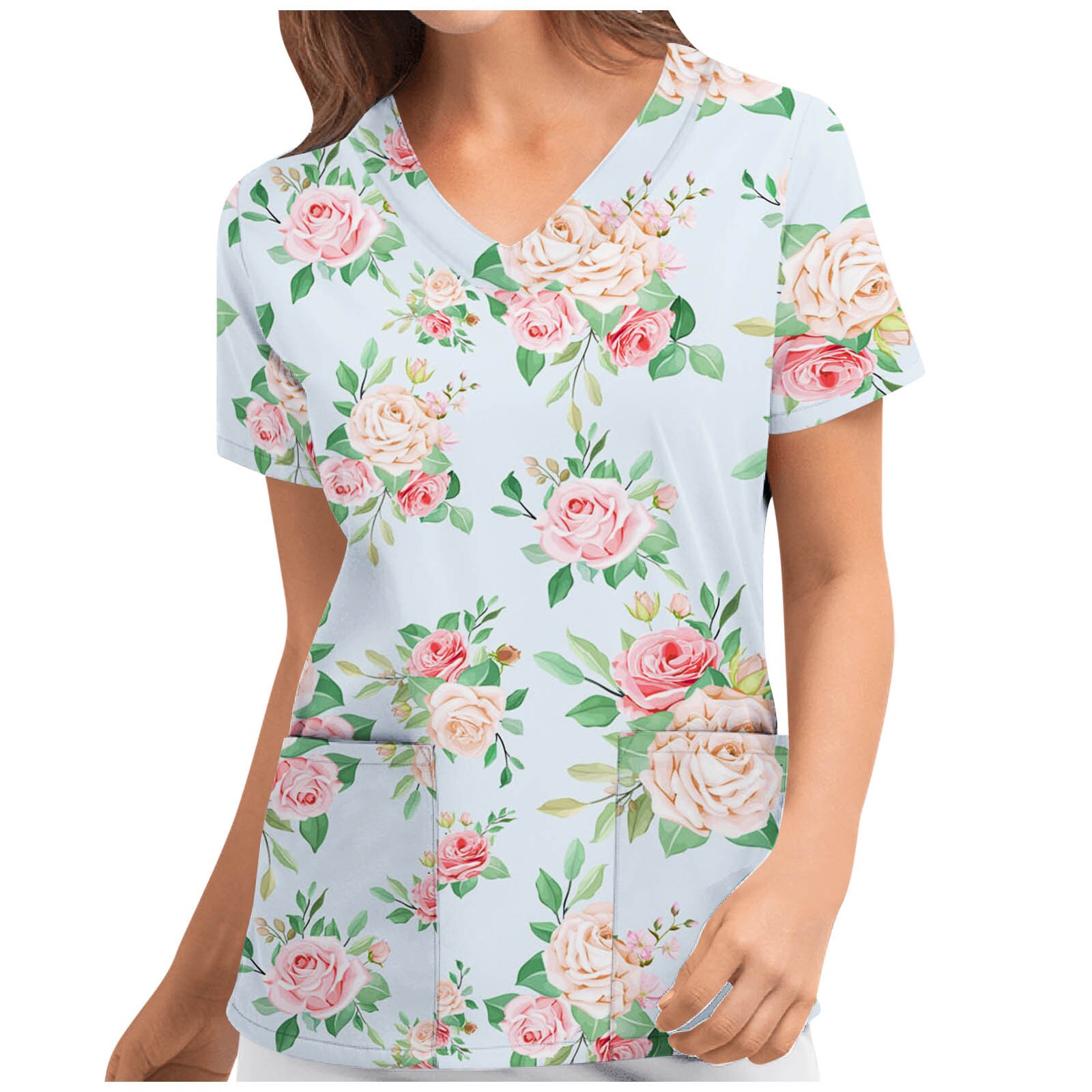 Women Blouse Nurse Scrubs Top Short Sleeve V-neck Floral Pattern Tops Nursing Working Uniform Blouse Ropa Floral Mujer Uniforme
