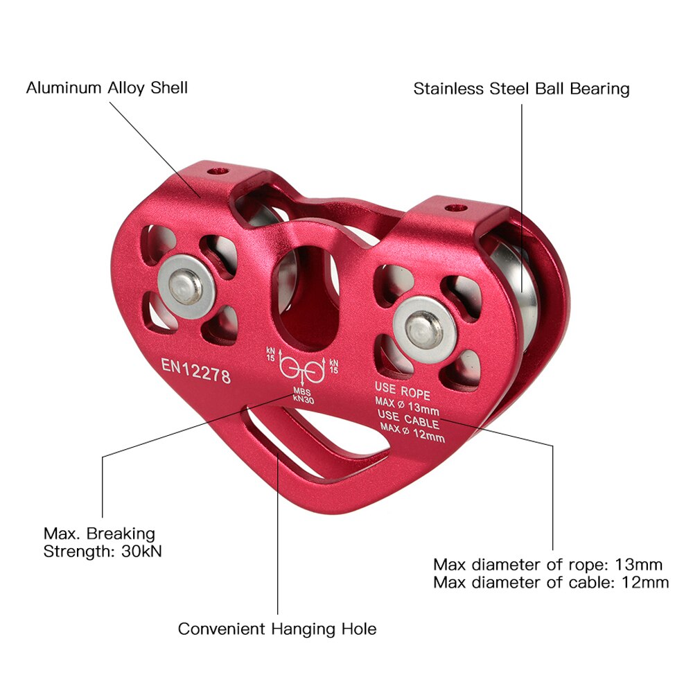 Lixada 30kN Cable Trolley Pulley Dual Pulley with 25kN Srew Locking Carabiner For Rock Climbing Caving Aloft Work Rescue