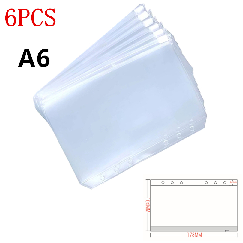 KDD Binder Pockets A5/A6/A7 Binder Loose Leaf Bag Clear Zipper Folders For 6-Ring Notebook Binder Pouch Document Filing Bags: A6 6PCS