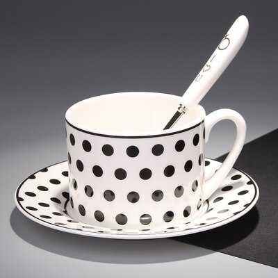 Nordic simple black and white geometric bone china coffee cup and Saucer Set with spoon afternoon tea cup home coffee shop: wave point