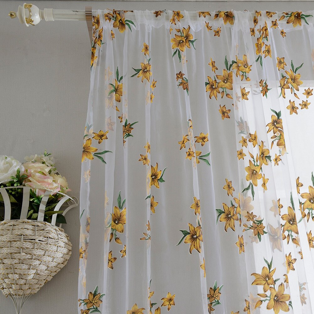 Sheer Curtains Floral Printed Semi-Transparent Curtains Eyelet Voile Floral Curtains For Home Living Room Decor Yellow 100x200cm